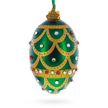 Gold Scallop on Green Jeweled Egg Glass Ornament 4 Inches
