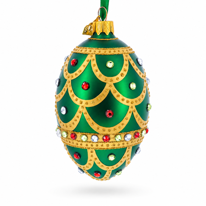Gold Scallop on Green Jeweled Egg Glass Ornament 4 Inches