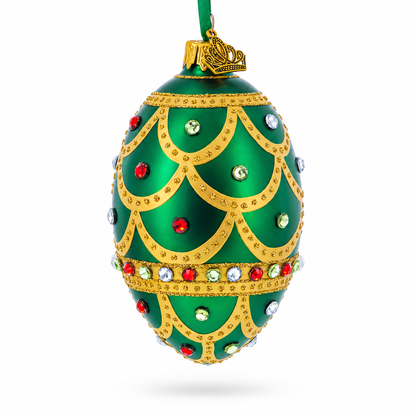 Gold Scallop on Green Jeweled Egg Glass Ornament 4 Inches