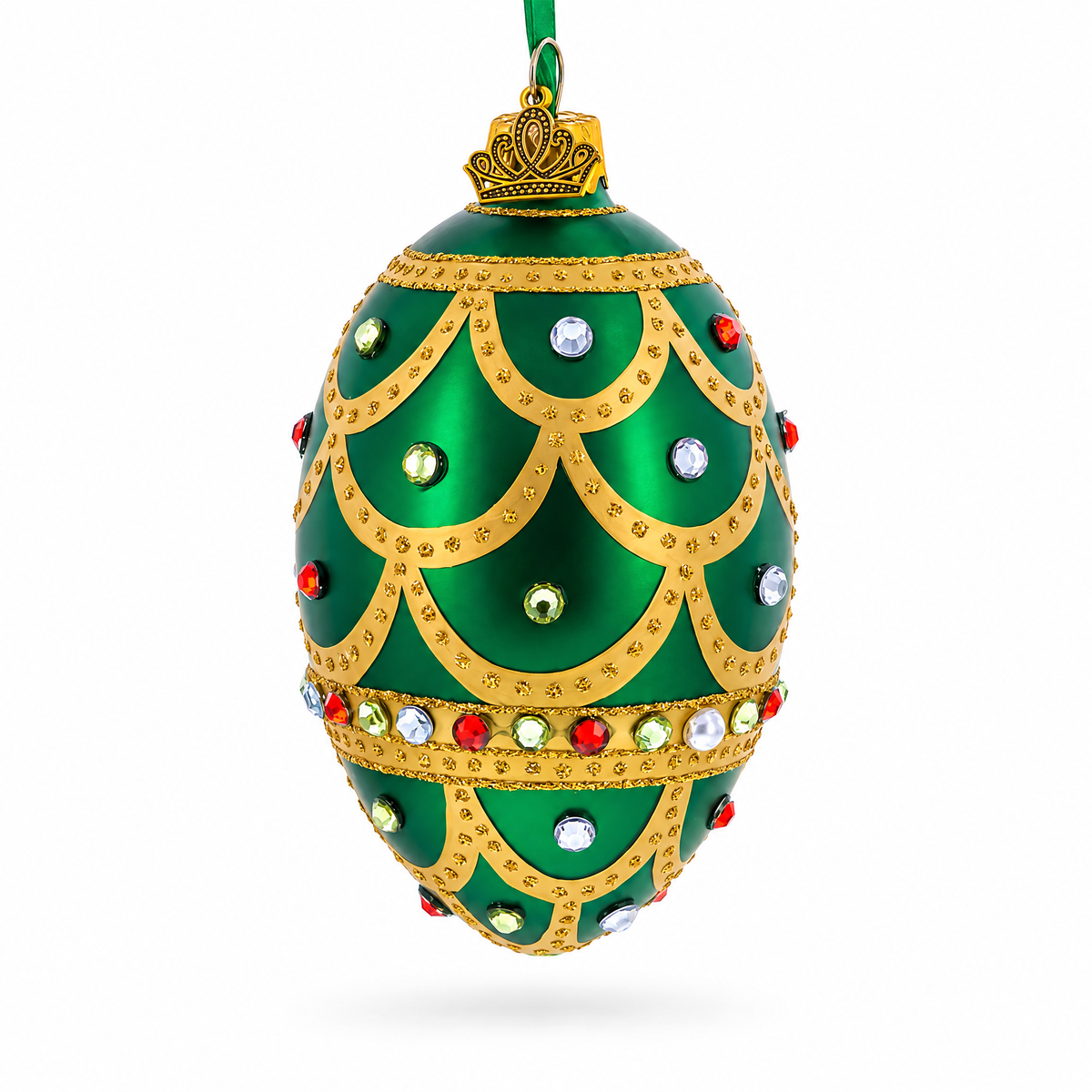 Gold Scallop on Green Jeweled Egg Glass Ornament 4 Inches