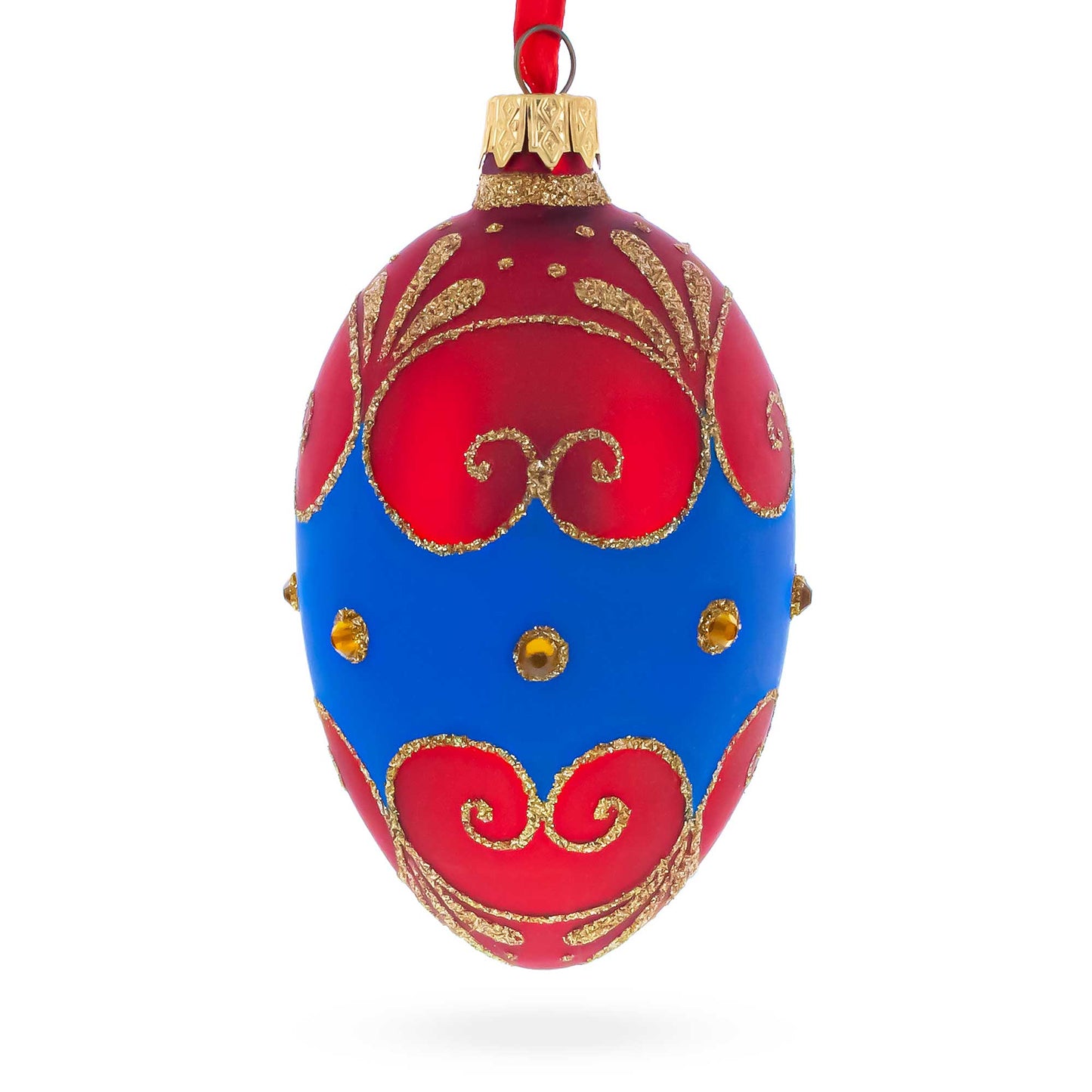 Red and Blue Jeweled Egg Glass Ornament 4 Inches