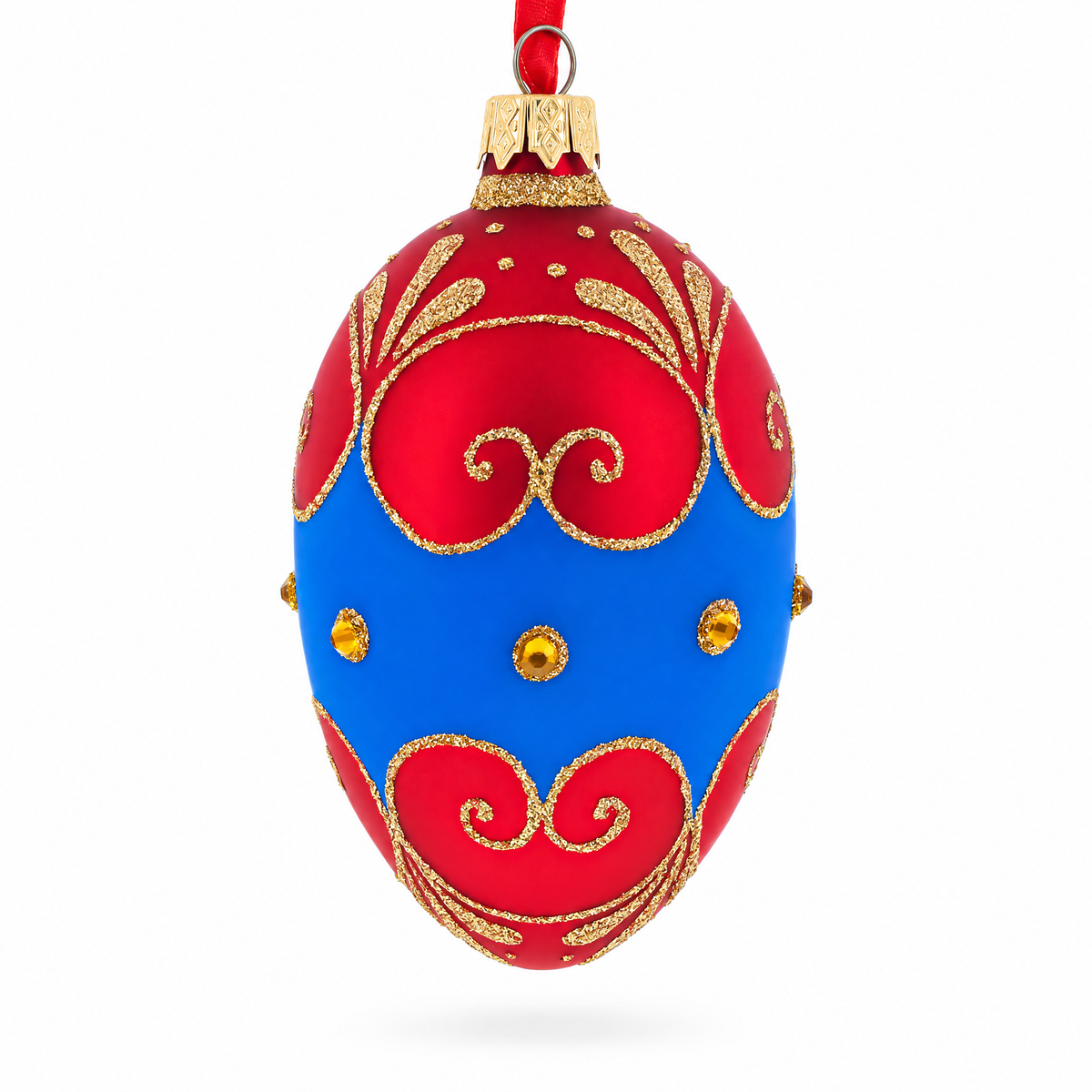 Red and Blue Jeweled Egg Glass Ornament 4 Inches