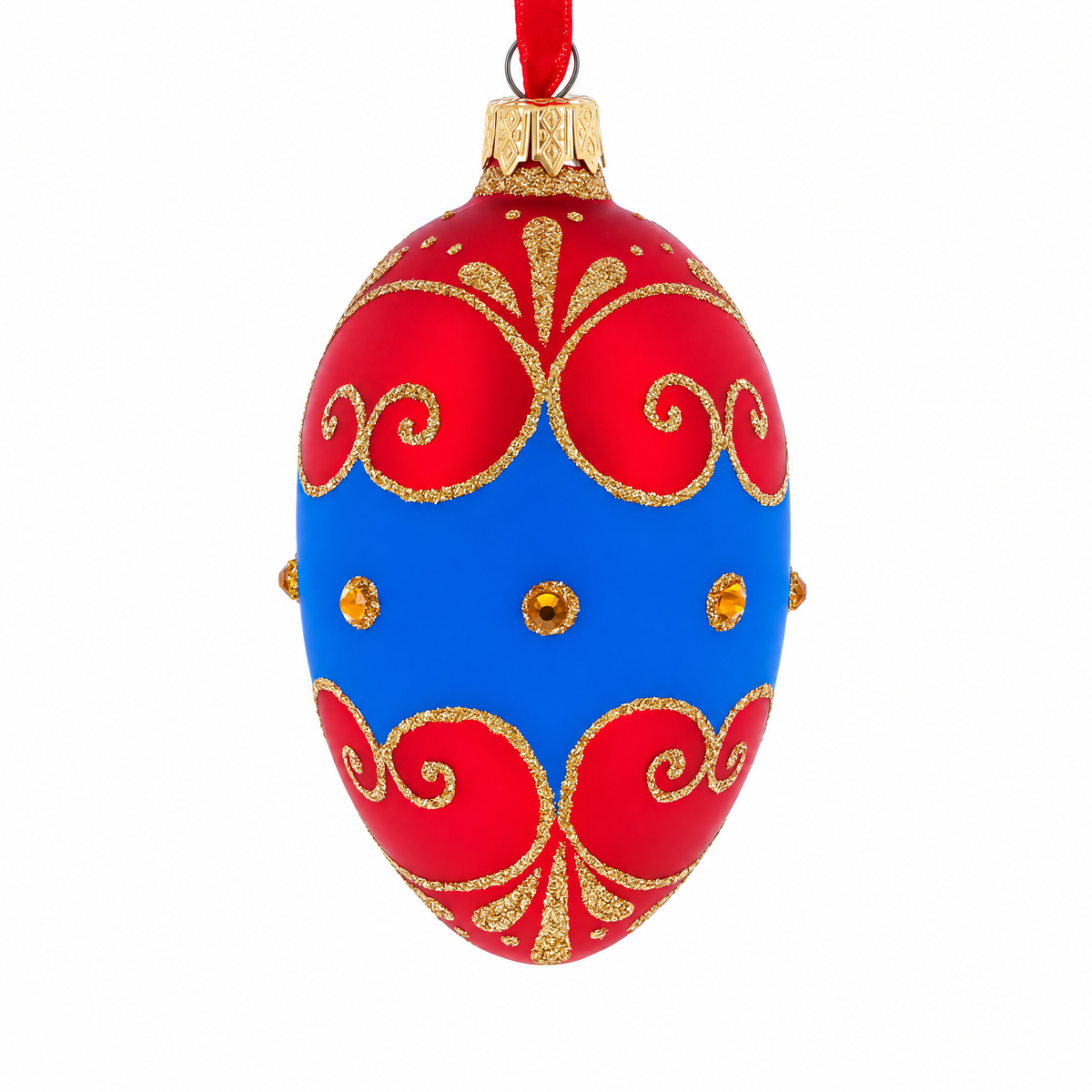 Red and Blue Jeweled Egg Glass Ornament 4 Inches