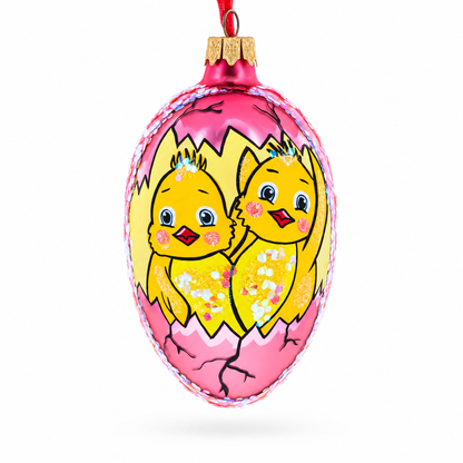 Two Chicks Egg Glass Ornament 4 Inches
