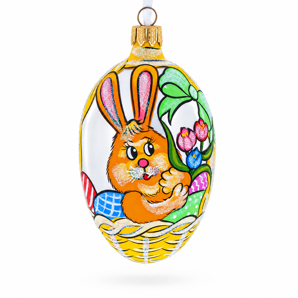 Easter Bunny in Flower Basket Glass Egg Ornament 4 Inches