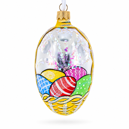 Easter Bunny in Flower Basket Glass Egg Ornament 4 Inches