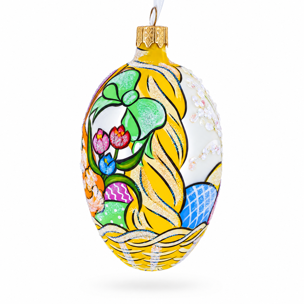 Easter Bunny in Flower Basket Glass Egg Ornament 4 Inches