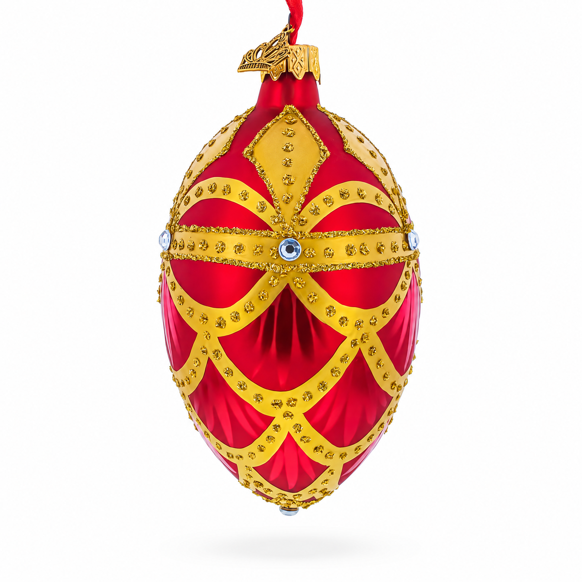 Gold Trellis on Red Egg Glass Ornament 4 Inches