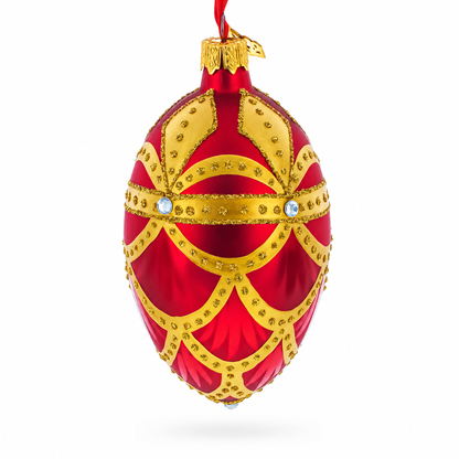 Gold Trellis on Red Egg Glass Ornament 4 Inches