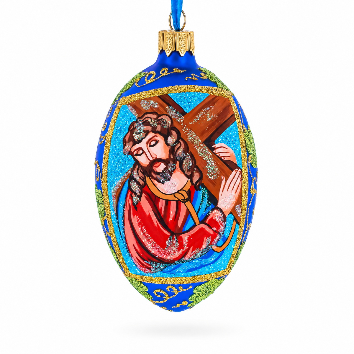 Jesus Carrying The Cross Glass Egg Ornament 4 Inches