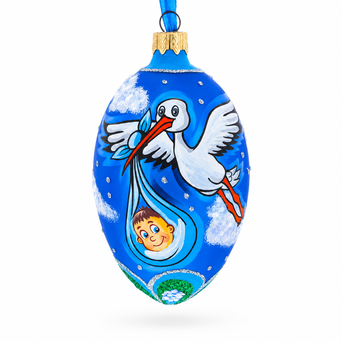 Newborn Baby Boy Egg Glass Ornament 4 Inches