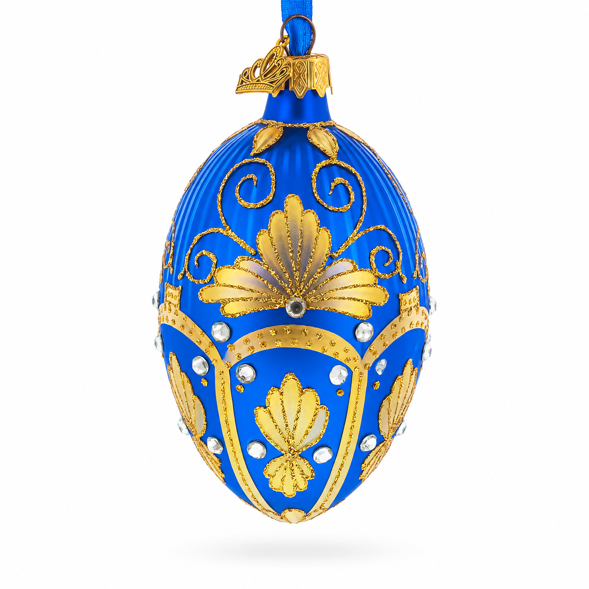 Golden Pearls on Blue Guilloche Glass Egg Christmas Ornament 4 Inches