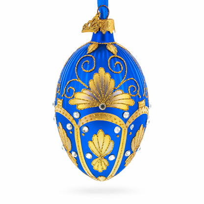 Golden Pearls on Blue Guilloche Glass Egg Christmas Ornament 4 Inches