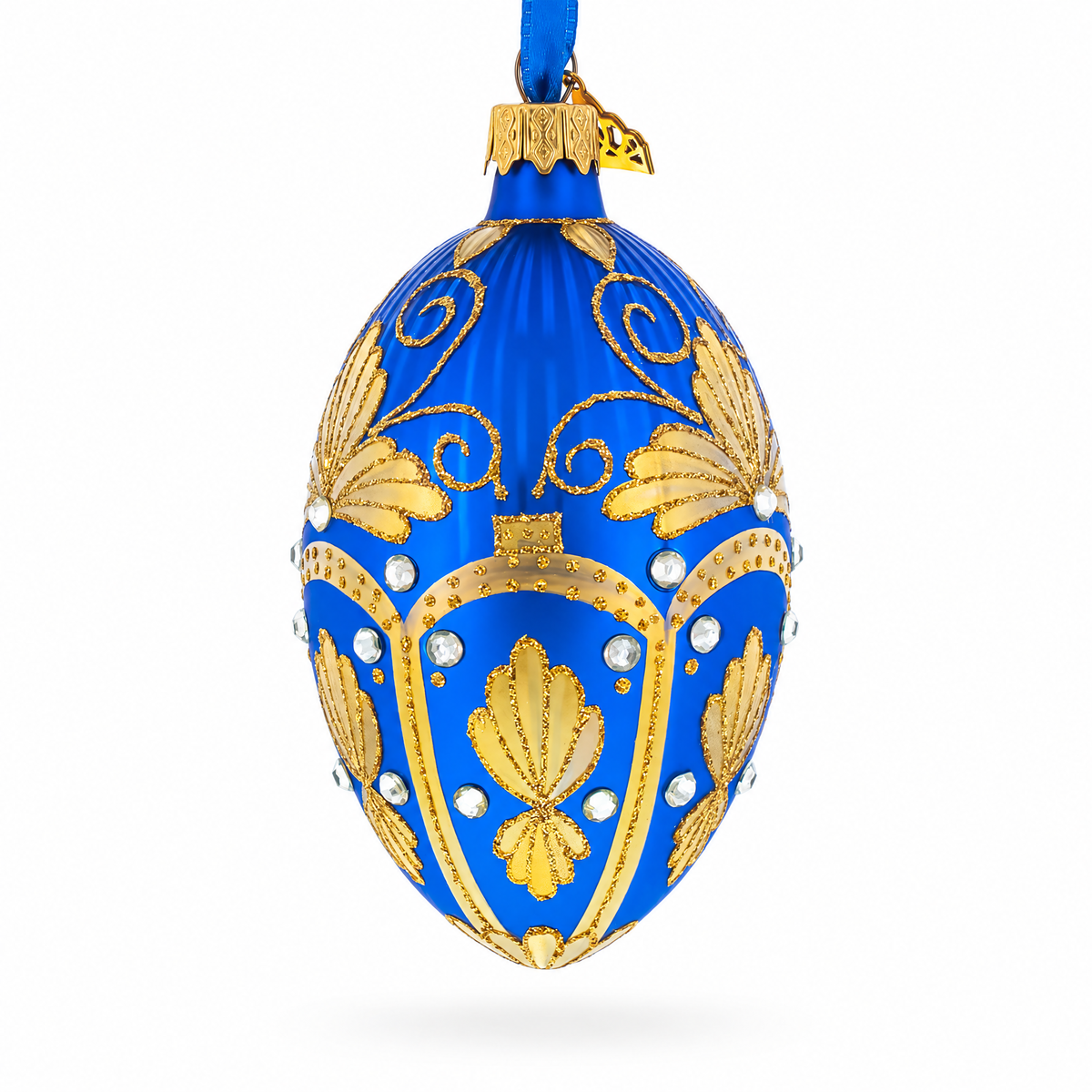 Golden Pearls on Blue Guilloche Glass Egg Christmas Ornament 4 Inches
