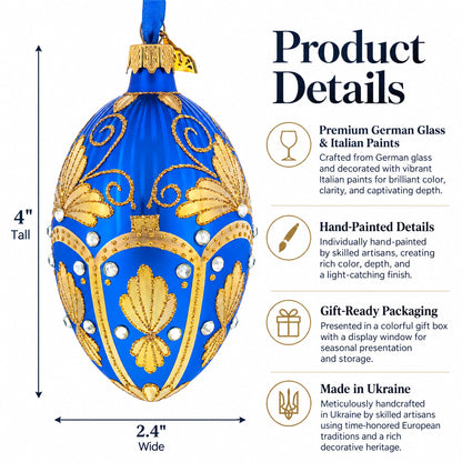 Golden Pearls on Blue Guilloche Glass Egg Christmas Ornament 4 Inches