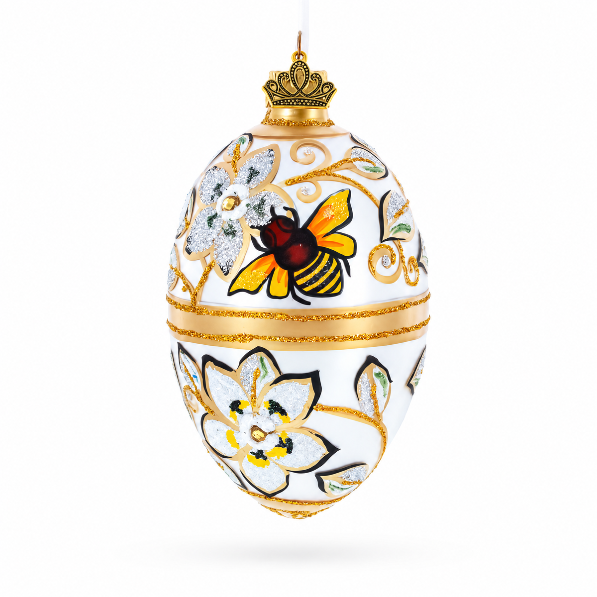 Bee On Flowers Glass Egg Ornament 4 Inches