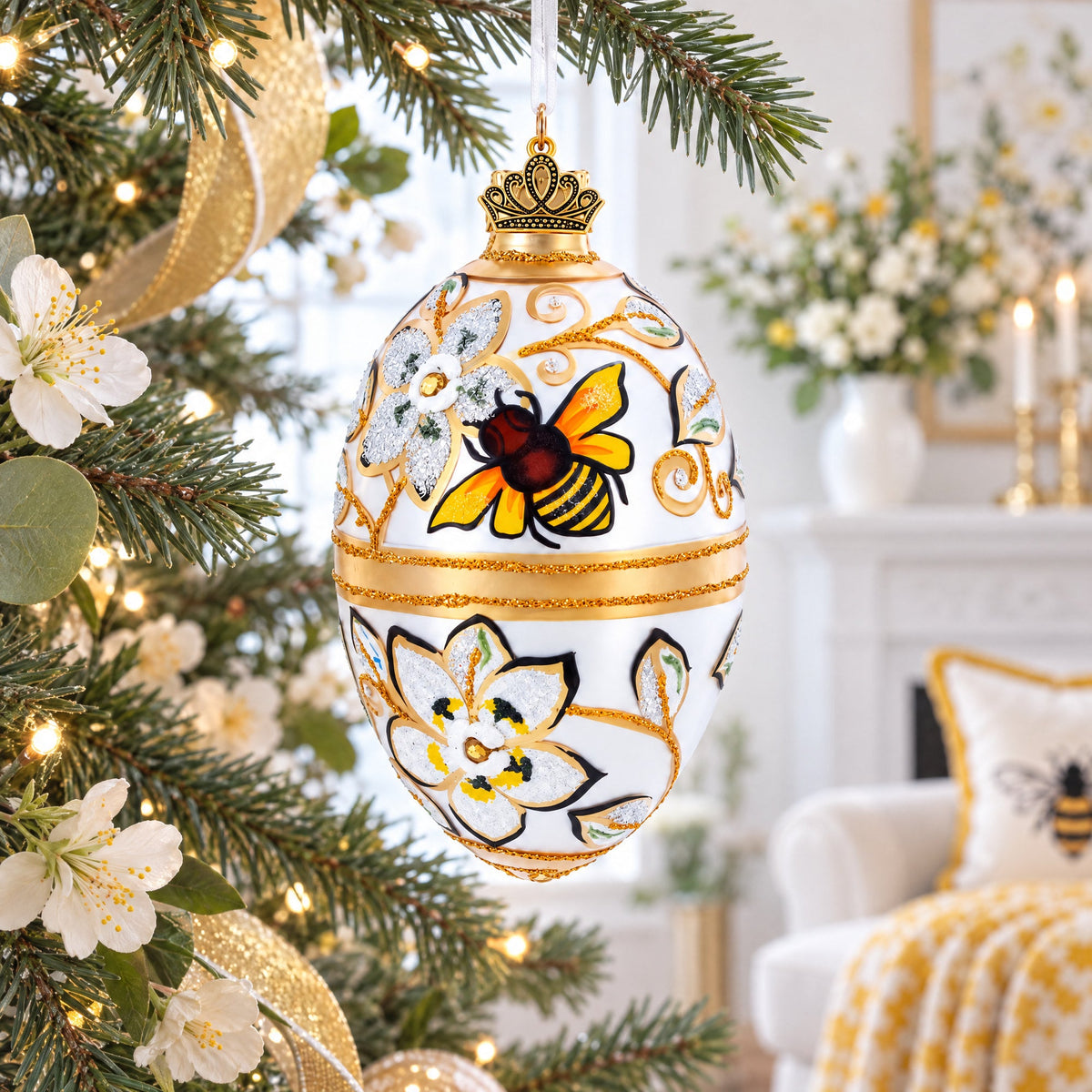 Bee On Flowers Glass Egg Ornament 4 Inches