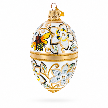 Bee On Flowers Glass Egg Ornament 4 Inches