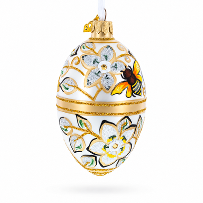 Bee On Flowers Glass Egg Ornament 4 Inches