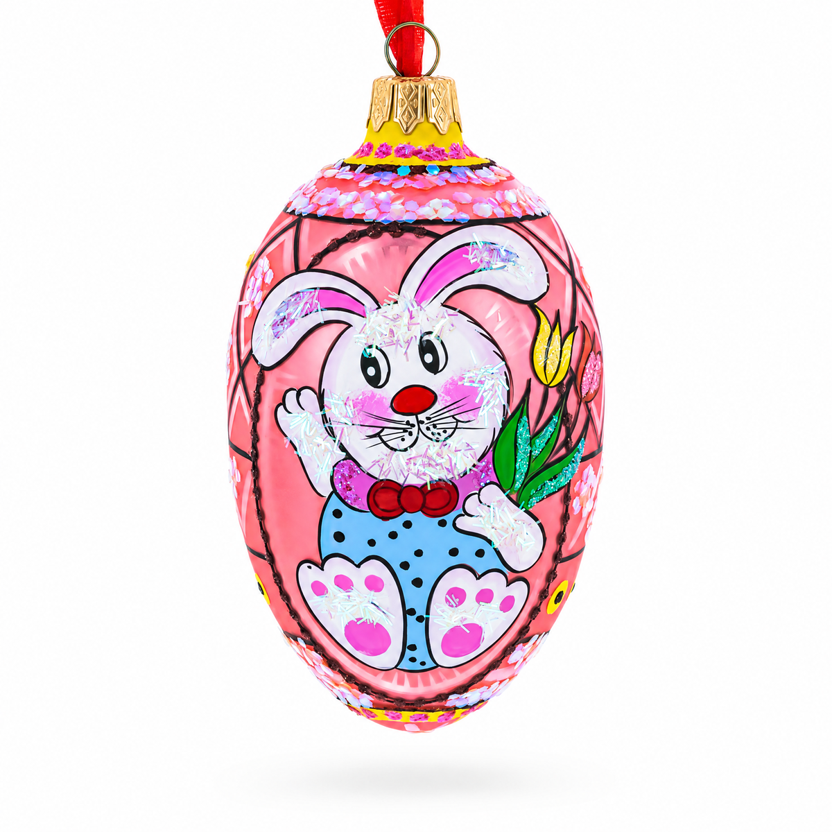 Easter Bunny With Tulips Glass Egg Ornament 4 Inches