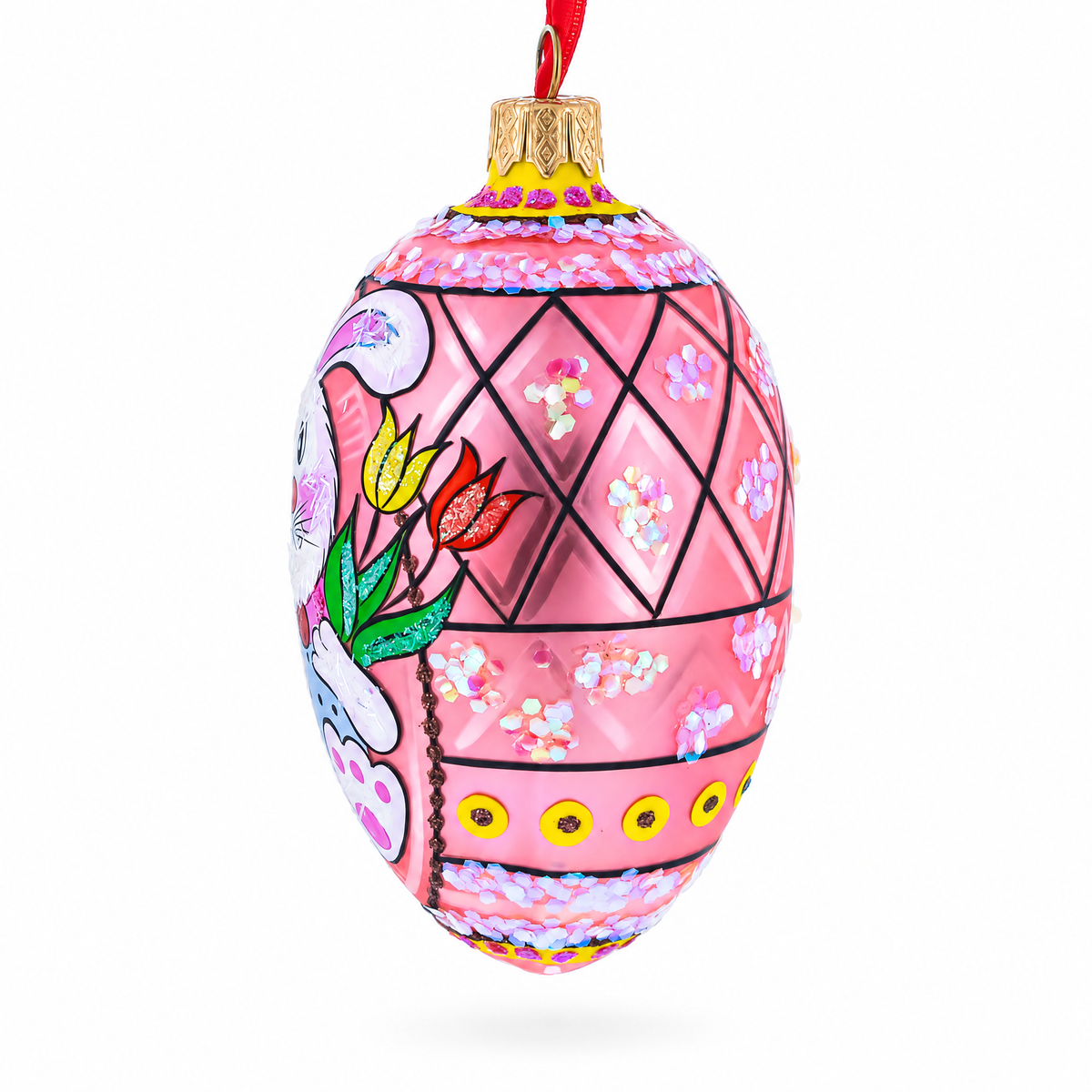 Easter Bunny With Tulips Glass Egg Ornament 4 Inches