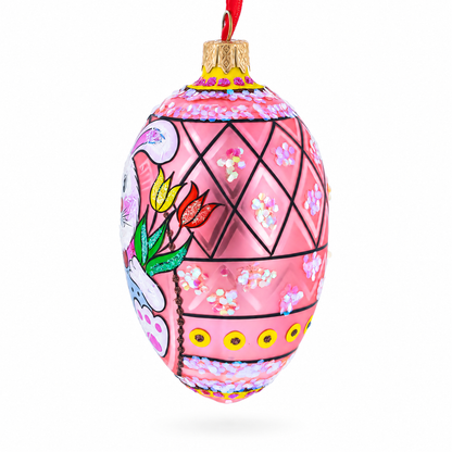 Easter Bunny With Tulips Glass Egg Ornament 4 Inches