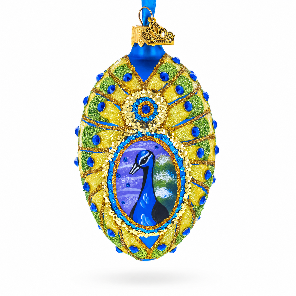 Peacock Glass Egg Ornament 4 Inches