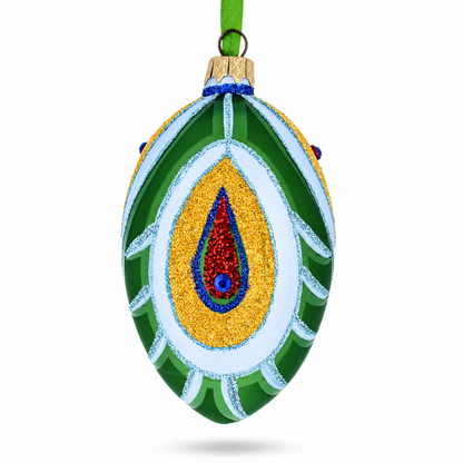 Peacock Feather Glass Egg Ornament 4 Inches
