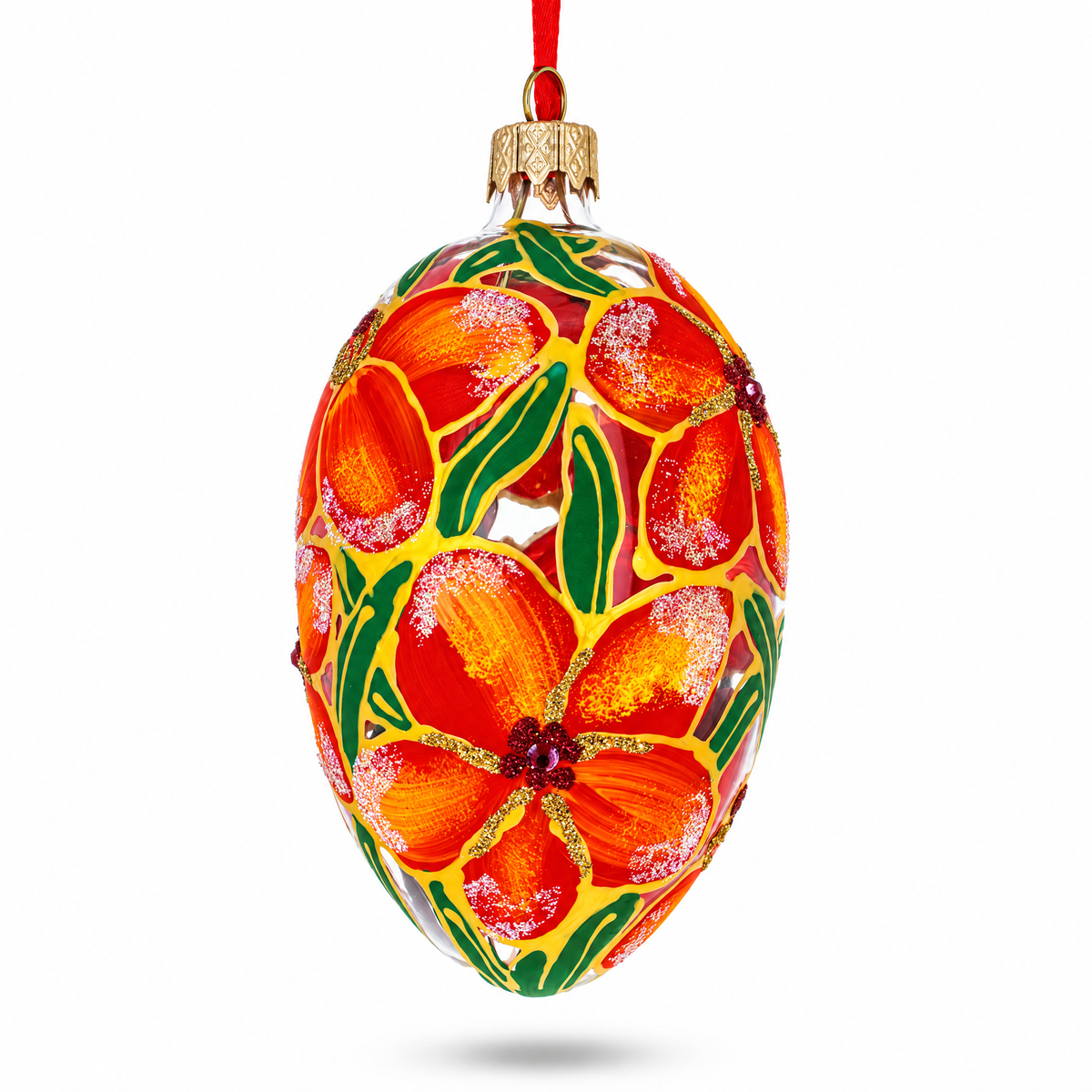 Red Flowers Bouquet Glass Egg Ornament 4 Inches