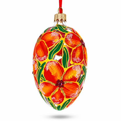 Red Flowers Bouquet Glass Egg Ornament 4 Inches