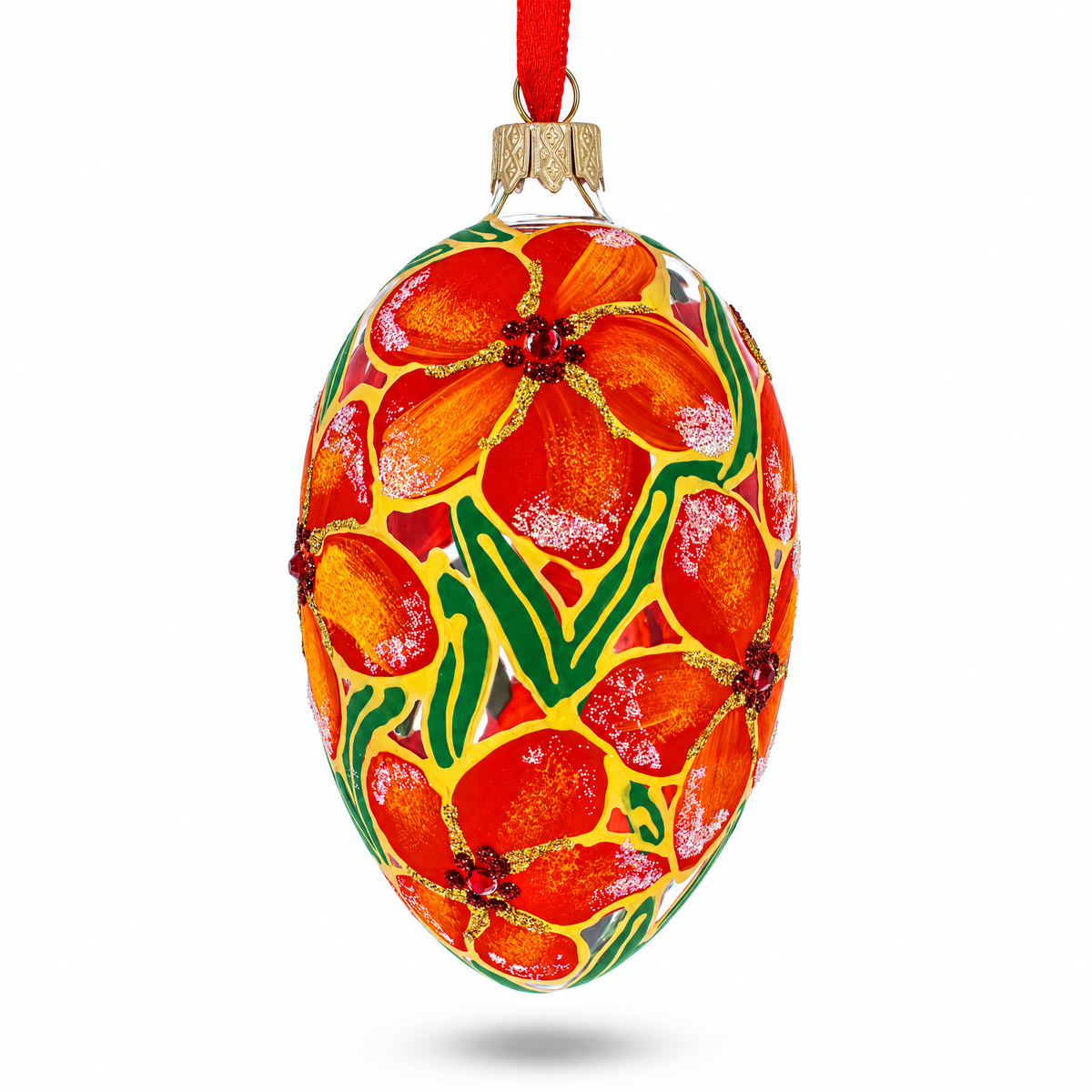 Red Flowers Bouquet Glass Egg Ornament 4 Inches