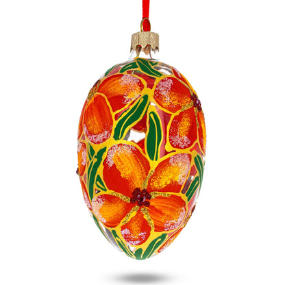 Red Flowers Bouquet Glass Egg Ornament 4 Inches