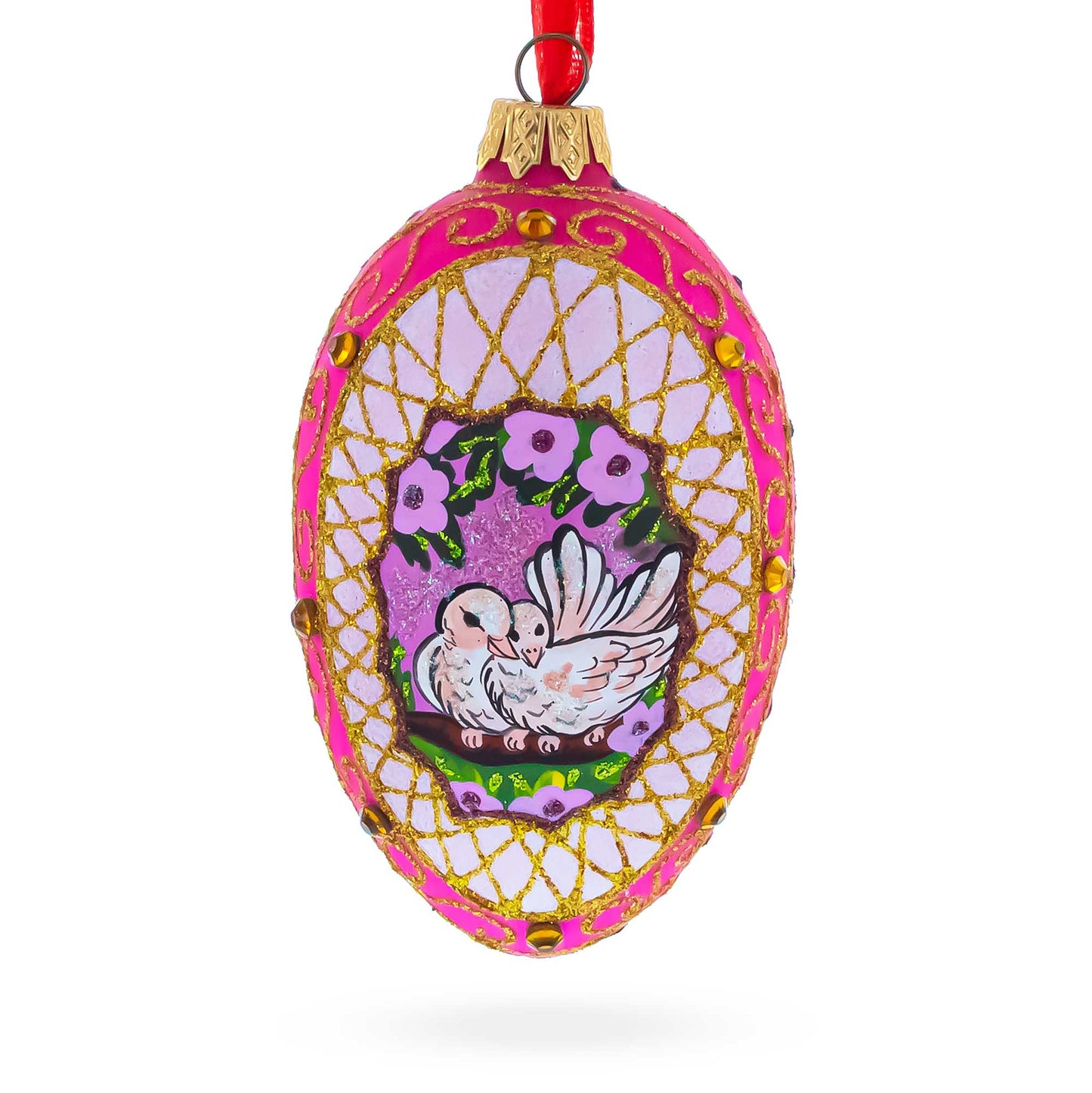 Romantic Doves in Floral Glass Egg Ornament 4 Inches