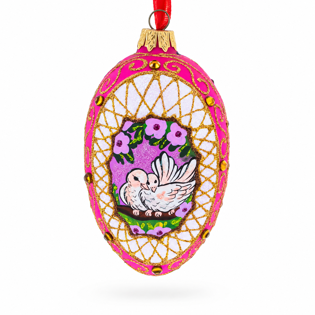 Romantic Doves in Floral Glass Egg Ornament 4 Inches