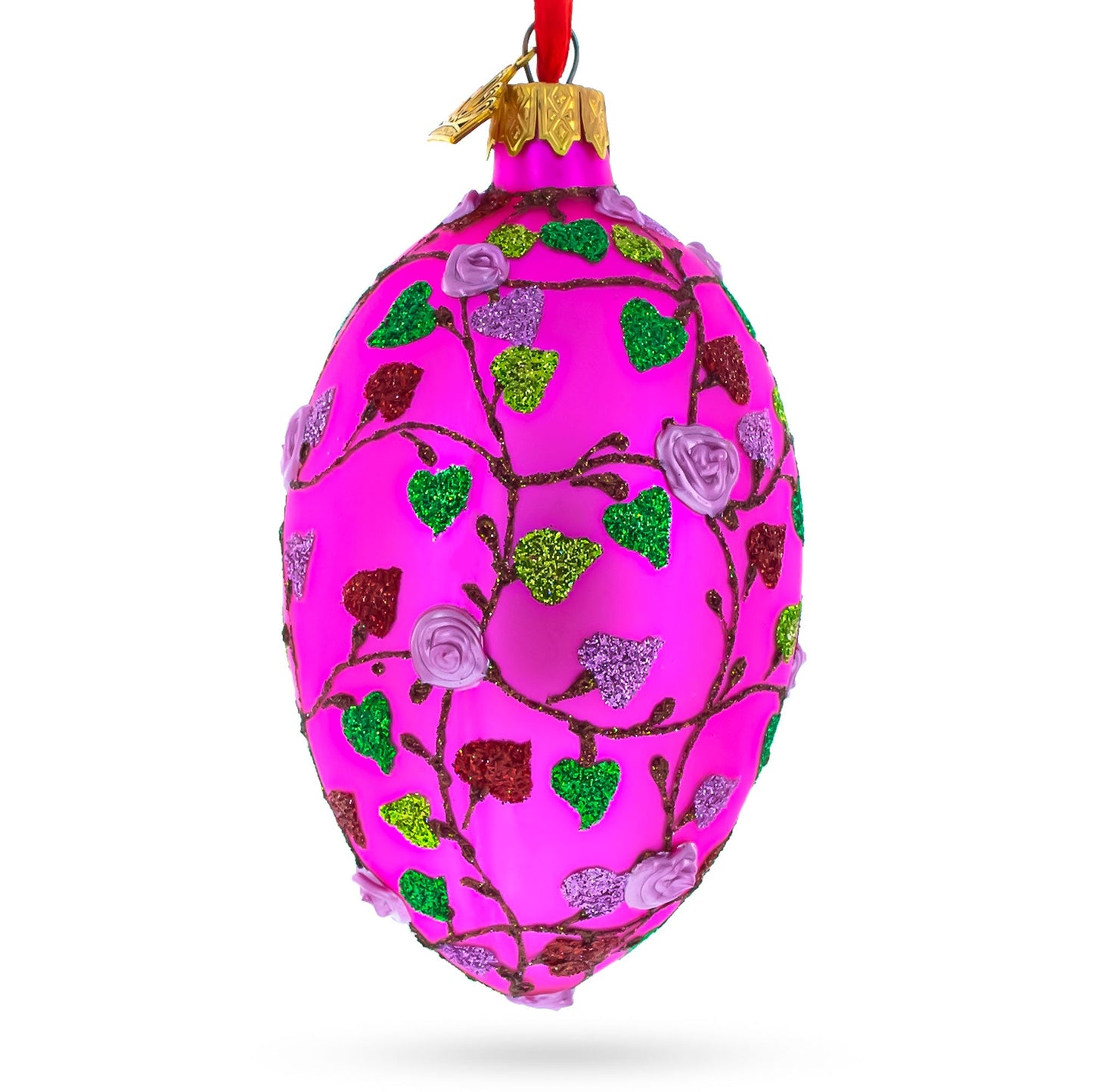Vibrant Pink Heart Vines with 3D Roses Glass Egg Christmas Ornament 4 Inches