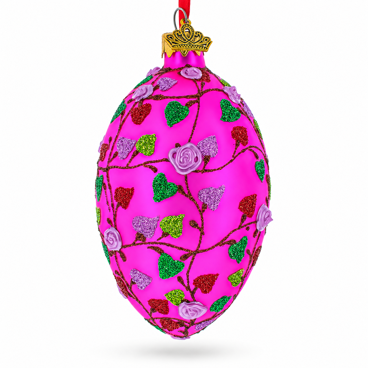 Vibrant Pink Heart Vines with 3D Roses Glass Egg Christmas Ornament 4 Inches