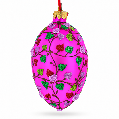 Vibrant Pink Heart Vines with 3D Roses Glass Egg Christmas Ornament 4 Inches