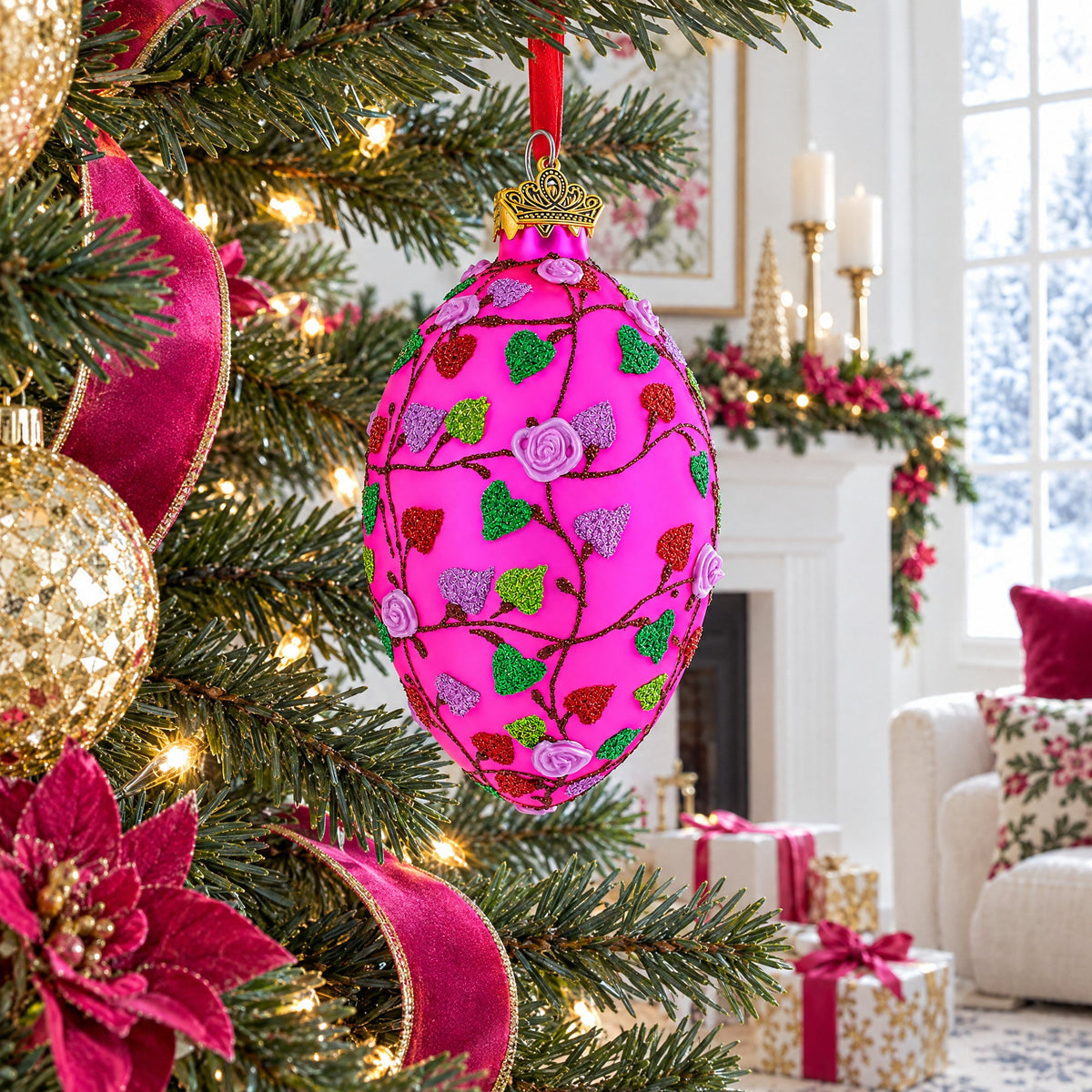 Vibrant Pink Heart Vines with 3D Roses Glass Egg Christmas Ornament 4 Inches
