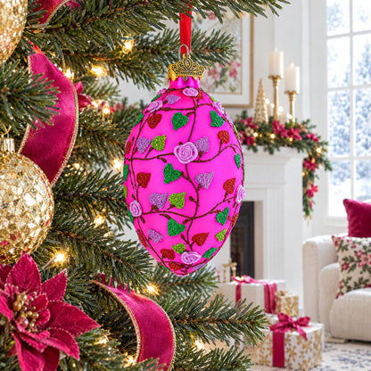 Vibrant Pink Heart Vines with 3D Roses Glass Egg Christmas Ornament 4 Inches