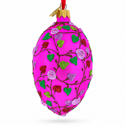 Vibrant Pink Heart Vines with 3D Roses Glass Egg Christmas Ornament 4 Inches