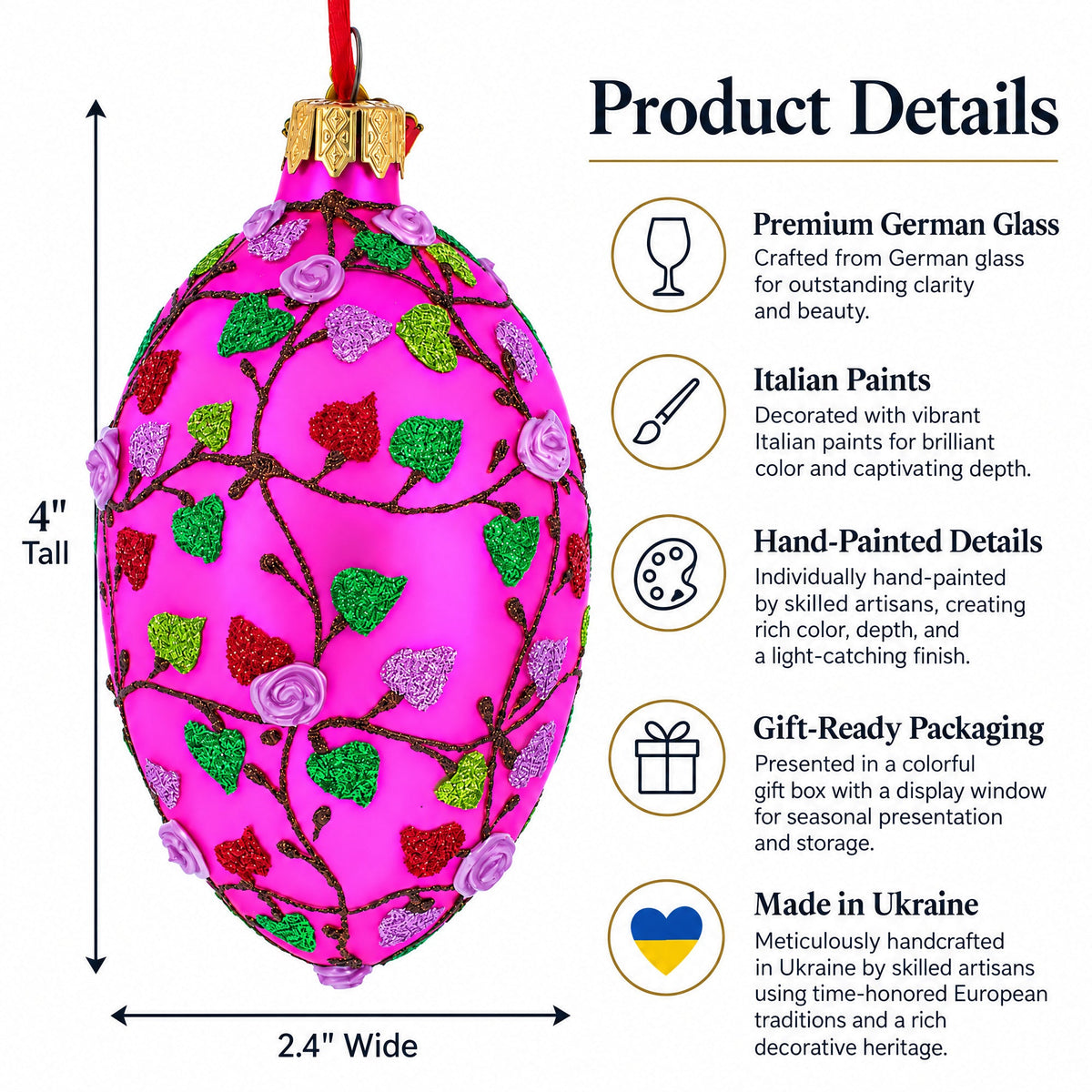 Vibrant Pink Heart Vines with 3D Roses Glass Egg Christmas Ornament 4 Inches