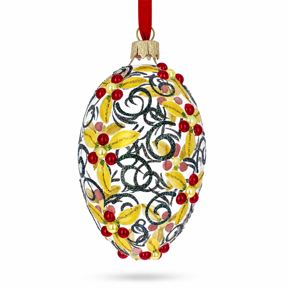 Red Berries On Clear Glass Egg Ornament 4 Inches