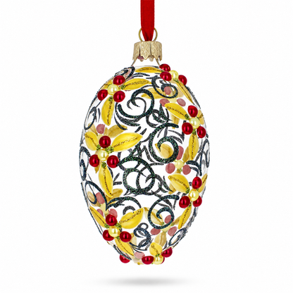 Red Berries On Clear Glass Egg Ornament 4 Inches