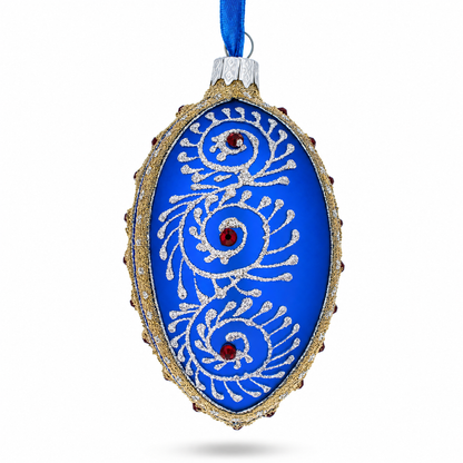 Silver on Blue Jeweled Glass Egg Ornament 4 Inches