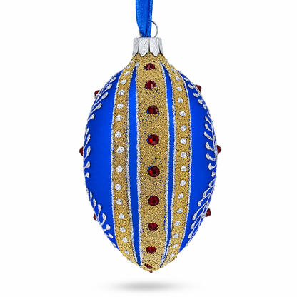 Silver on Blue Jeweled Glass Egg Ornament 4 Inches