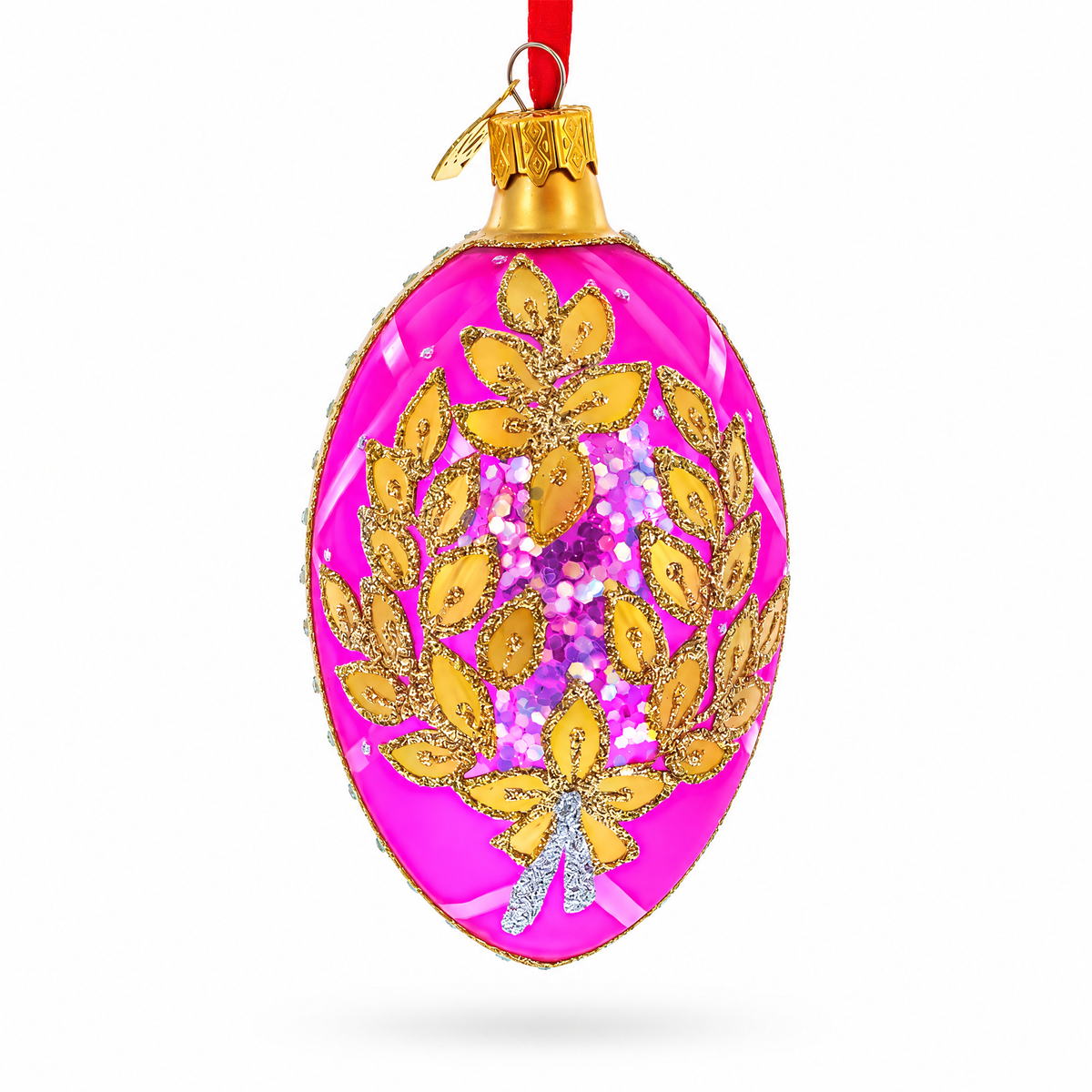 Golden Branches On Pink Glass Egg Ornament 4 Inches
