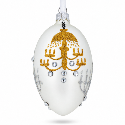 Chandeliers On White Glass Egg Ornament 4 Inches