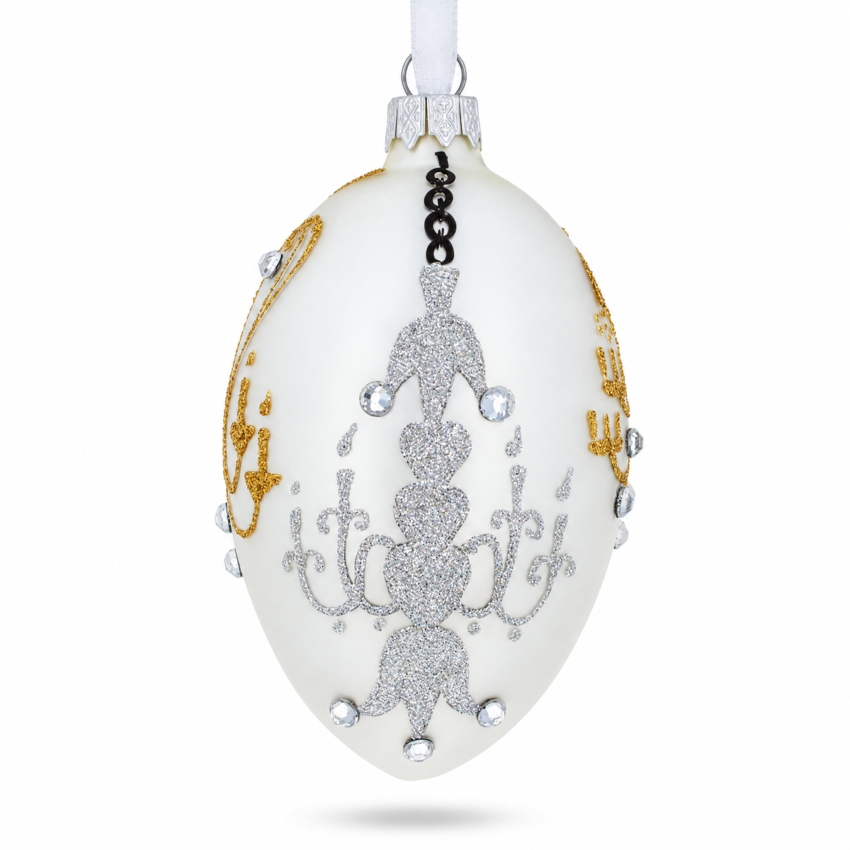 Chandeliers On White Glass Egg Ornament 4 Inches
