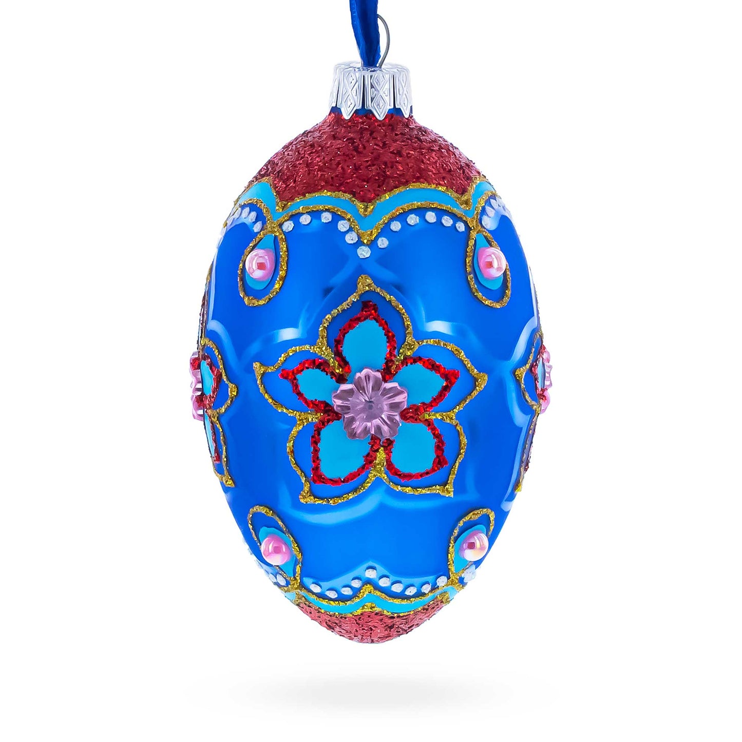 Blue Petals Flower Glass Egg Ornament 4 Inches