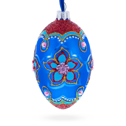 Blue Petals Flower Glass Egg Ornament 4 Inches